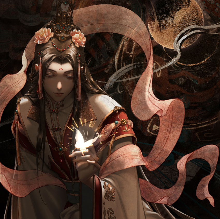 1boy, abstract_background, absurdres, arm_at_side, beads, bishounen, brown_hair, brown_theme