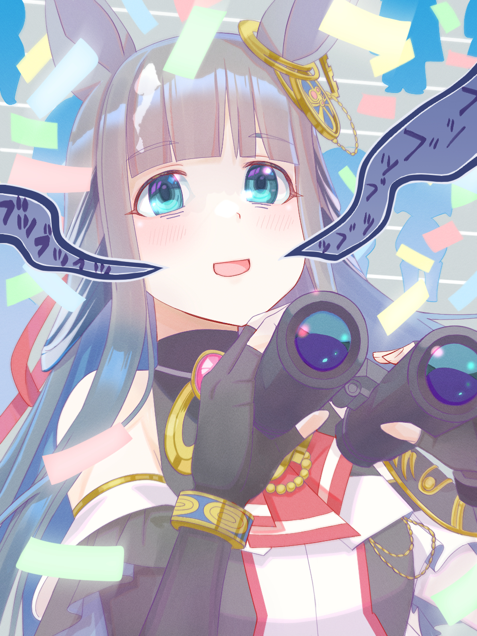 0niq, 1girl, animal_ears, binoculars, blurry, blurry_background, blush, breasts