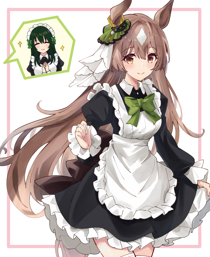 2girls, alternate_costume, animal_ears, apron, black_dress, bow, bowtie, brown_eyes