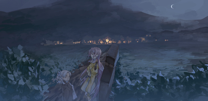 2girls, belt, black_jacket, breasts, brown_belt, cello_case, city_lights, closed_eyes