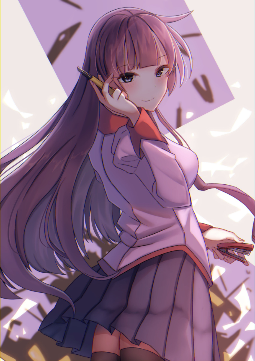 1girl, absurdres, bakemonogatari, black_thighhighs, blue_eyes, boxcutter, breasts, from_behind