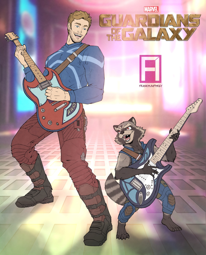 2boys, animal_ears, artist_logo, artist_name, barefoot, blue_shirt, copyright_logo, electric_guitar