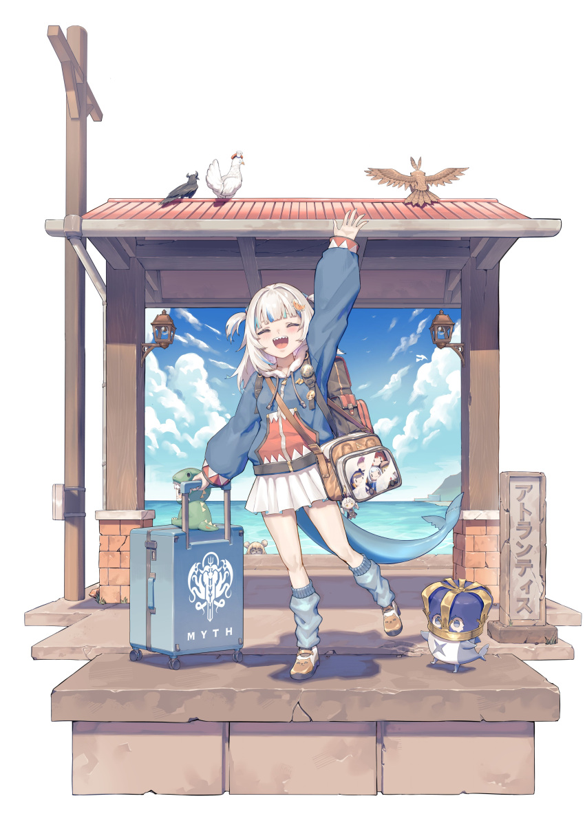 ^_^, absurdres, bloop_(gawr_gura), blue_hair, blue_hoodie, blue_sky, blue_socks, brown_bag