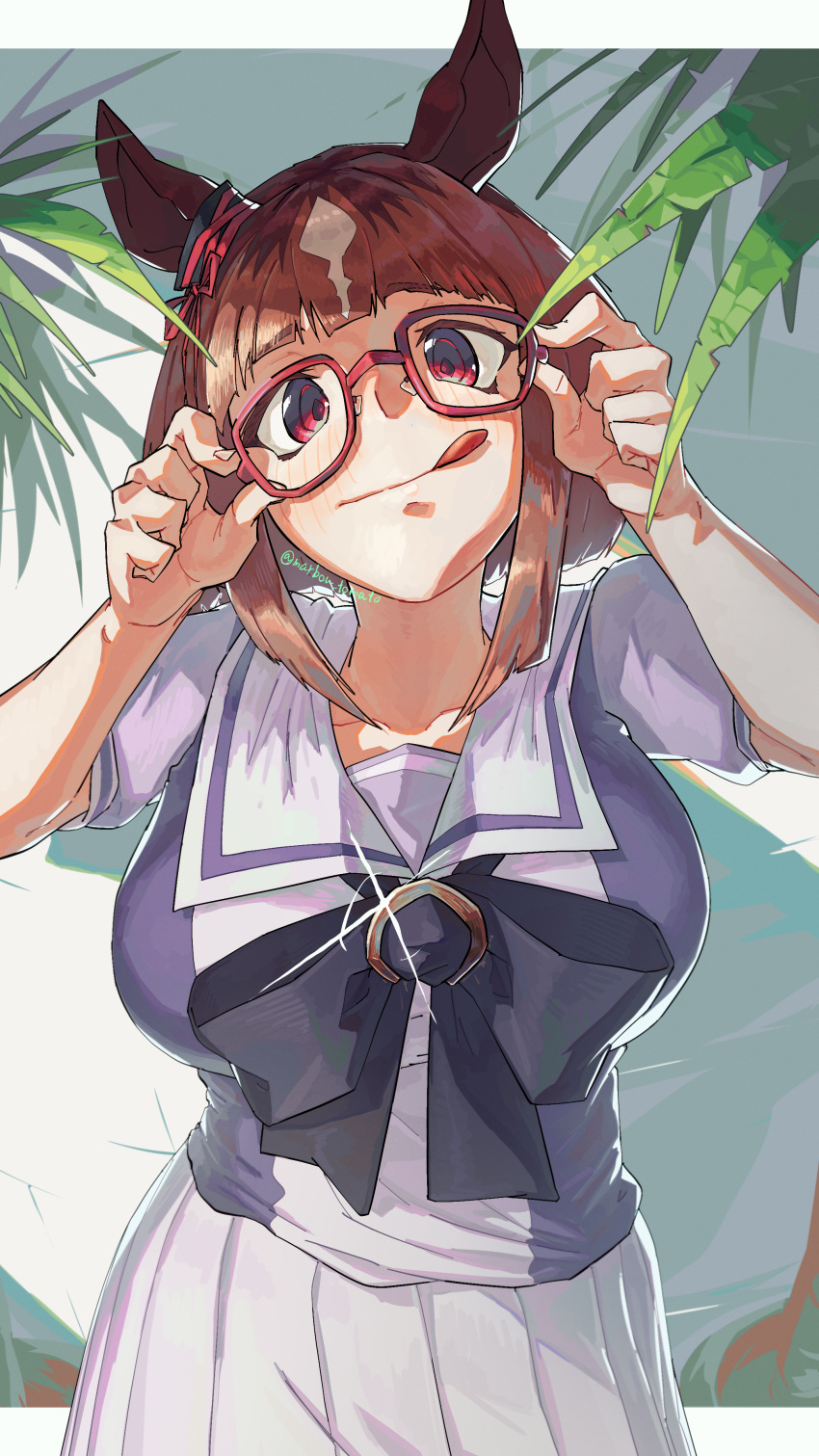 1girl, :q, absurdres, adjusting_eyewear, animal_ears, blush, bow, bowtie, breasts, brown_hair, closed_mouth, commentary_request, ear_ribbon, glasses, hands_up, highres, horse_ears, horse_girl, large_breasts, letterboxed, marbow_tomato, medium_hair, partial_commentary, pleated_skirt, puffy_short_sleeves, puffy_sleeves, purple_bow, purple_bowtie, purple_shirt, red-framed_eyewear, red_eyes, red_ribbon, ribbon, sailor_collar, school_uniform, shirt, short_sleeves, skirt, smile, solo, tongue, tongue_out, tracen_school_uniform, transcend_(umamusume), twitter_username, umamusume, white_sailor_collar, white_skirt