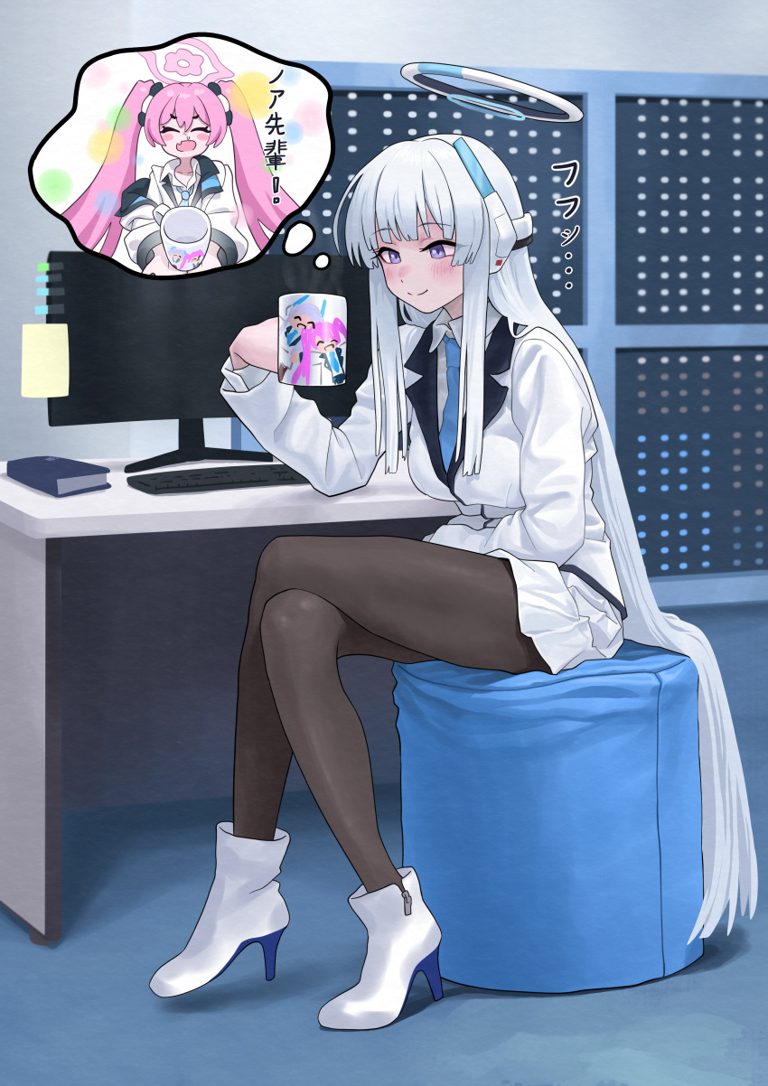 2girls, absurdres, black_pantyhose, blue_archive, blue_necktie, blush, breasts, closed_eyes, coffee_mug, crossed_legs, cup, hair_between_eyes, halo, highres, holding, holding_cup, koyuki_(blue_archive), large_breasts, long_hair, long_sleeves, mechanical_halo, miniskirt, monitor, mug, multiple_girls, necktie, noa_(blue_archive), okokorika, pantyhose, pink_hair, pink_halo, pleated_skirt, shirt, sidelocks, sitting, skirt, smile, speech_bubble, suit, thought_bubble, translation_request, twintails, very_long_hair, violet_eyes, white_hair, white_halo, white_shirt, white_skirt, white_suit