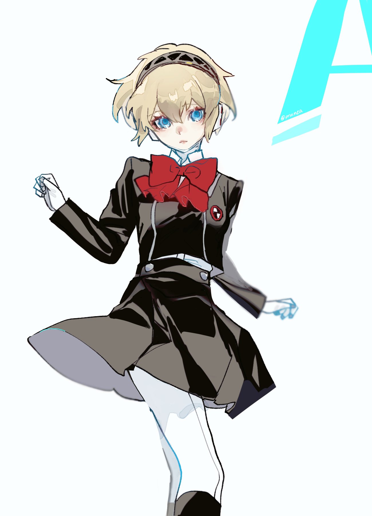 1girl, aegyo_sal, aigis_(persona), android, black_shirt, black_skirt, blonde_hair, blue_eyes