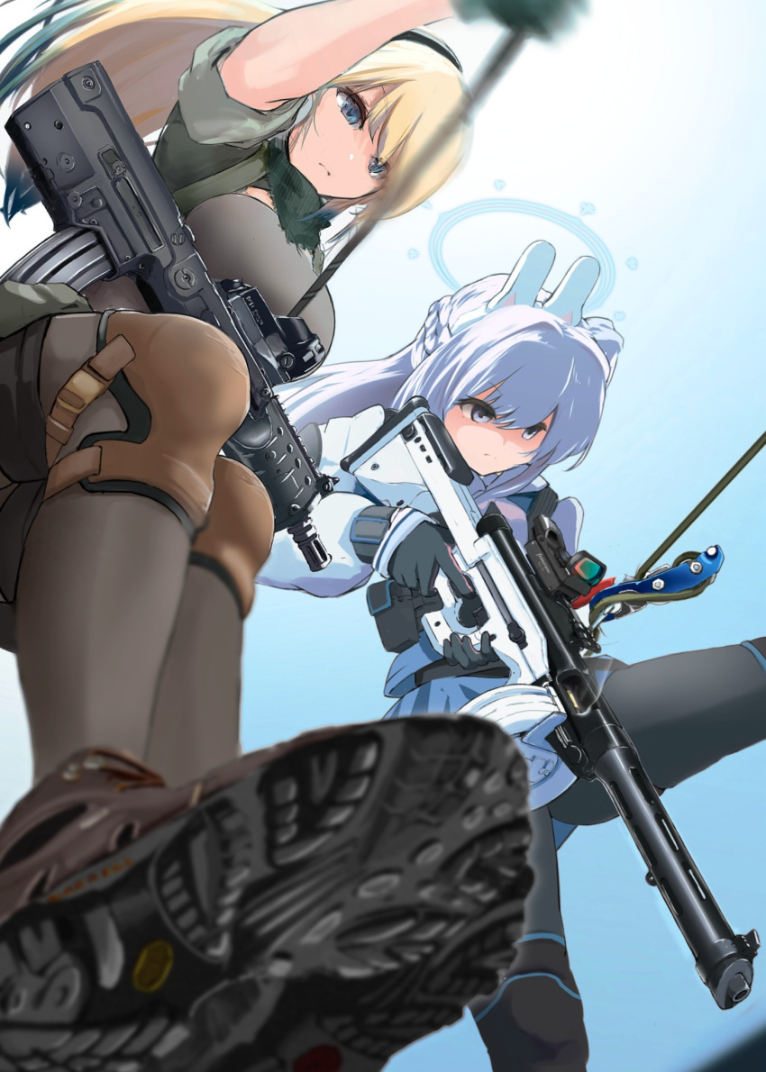 animal_ears, assault_rifle, b-luck_coffee, bandana, black_thighhighs, blonde_hair, blue_archive, blue_eyes