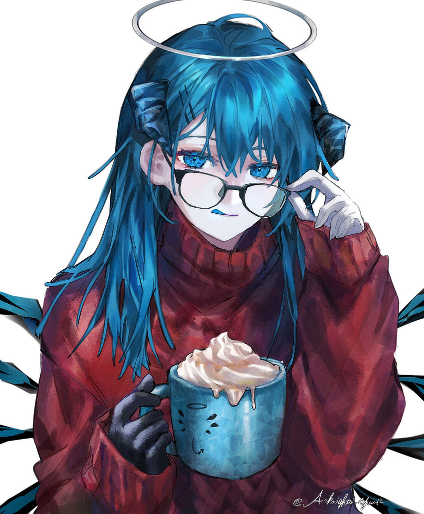 1girl, :p, absurdres, adjusting_eyewear, ahoge, alternate_costume, arknights, arknights_yuu12, asymmetrical_gloves, black-framed_eyewear, black_gloves, blue_eyes, blue_hair, blue_horns, blue_tongue, closed_mouth, colored_tongue, commentary, cup, demon_horns, frappuccino, glasses, gloves, hair_between_eyes, hair_ornament, hairpin, halo, hand_up, highres, holding, holding_cup, horns, knit_sweater, looking_at_viewer, mismatched_gloves, mostima_(arknights), red_sweater, simple_background, single_sidelock, solo, sweater, symbol-only_commentary, tongue, tongue_out, traditional_halo, twitter_username, upper_body, white_background, white_gloves, white_halo