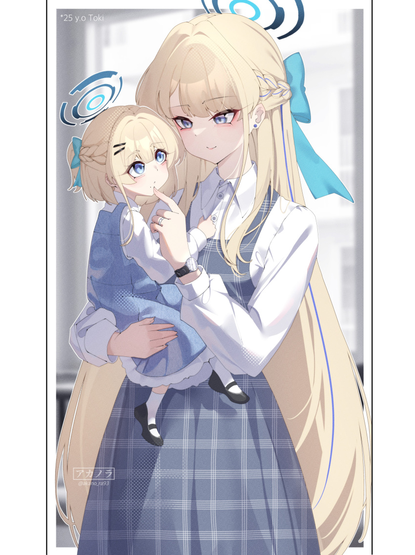 2girls, absurdres, akanora, aqua_bow, baby, blonde_hair, blue_archive, blue_dress