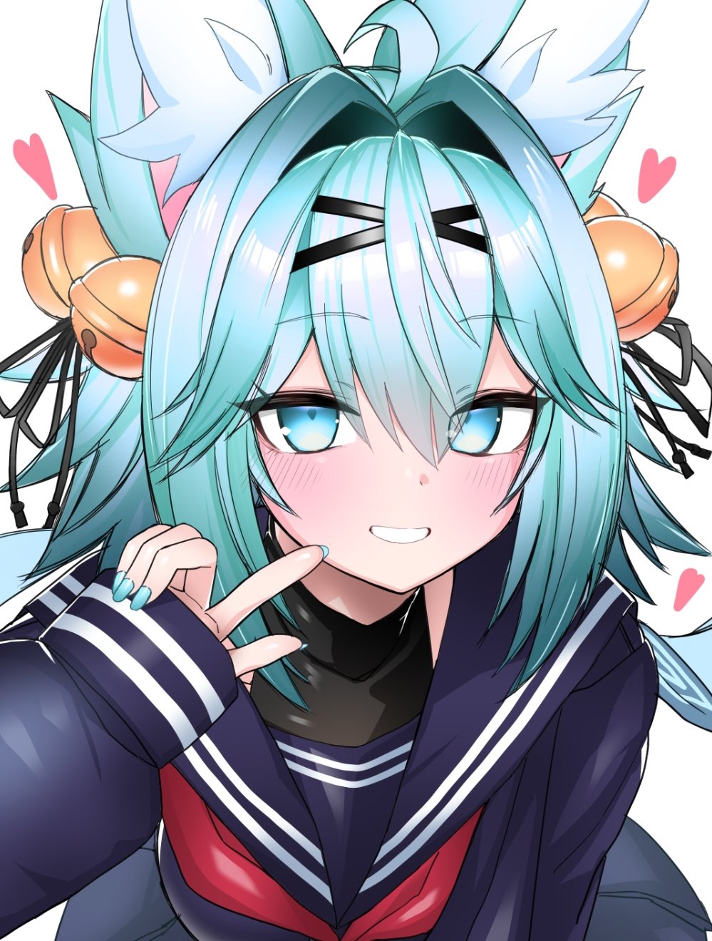 1girl, ahoge, animal_ear_fluff, animal_ears, aqua_hair, bell, black_ribbon, blue_eyes