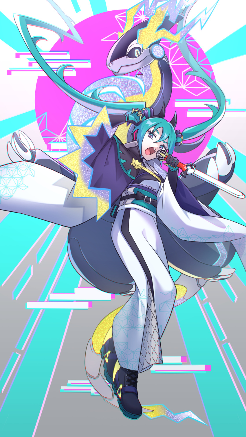 1girl, 1other, aqua_eyes, aqua_hair, black_boots, boots, claws, closed_mouth