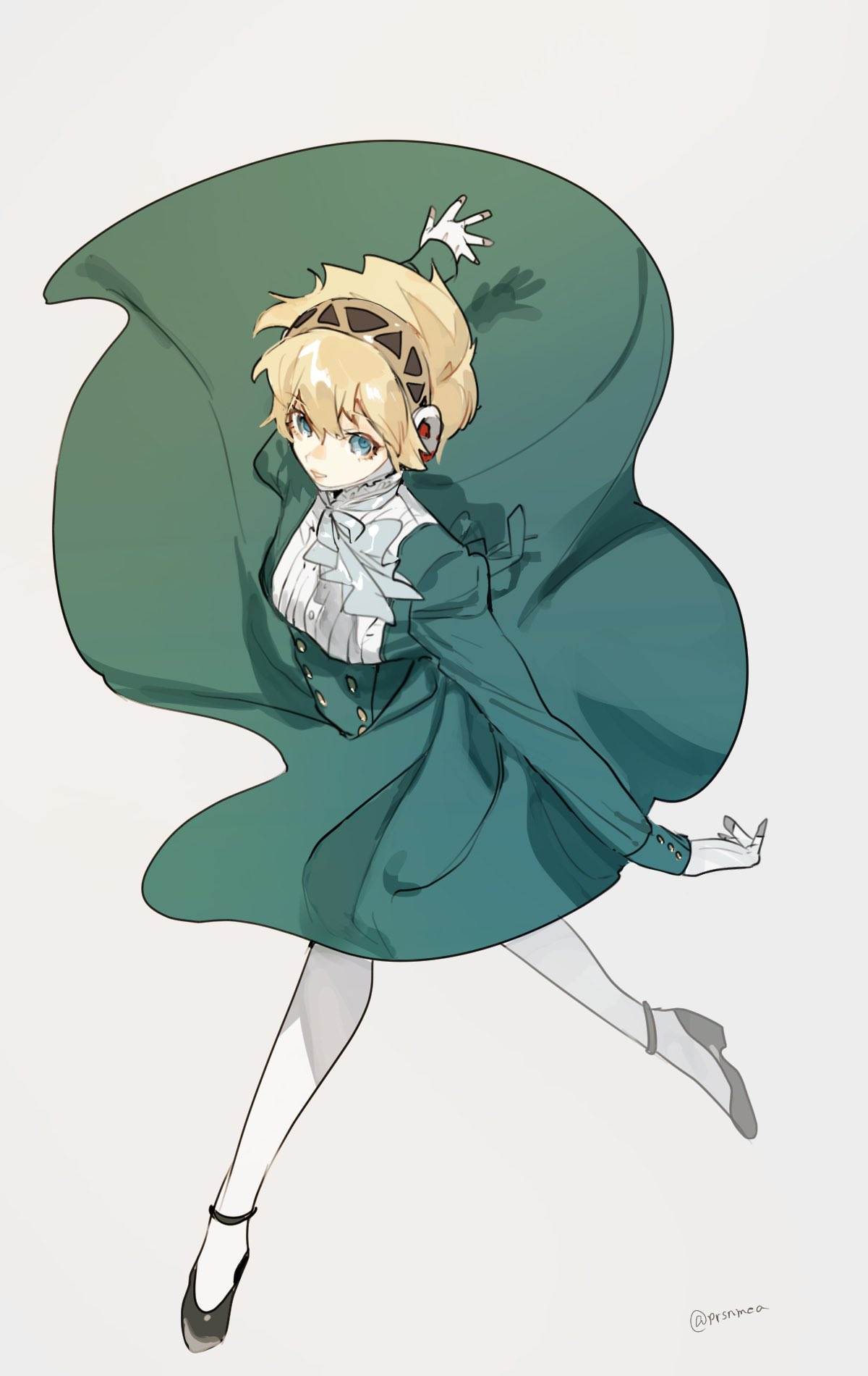 1girl, aigis_(persona), android, aqua_dress, black_shoes, blonde_hair, blue_eyes, dancing