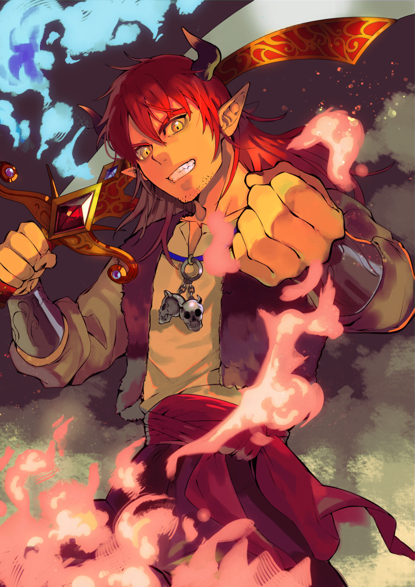 1boy, absurdres, black_horns, blue_fire, bracer, clenched_hand, collarbone, commentary_request