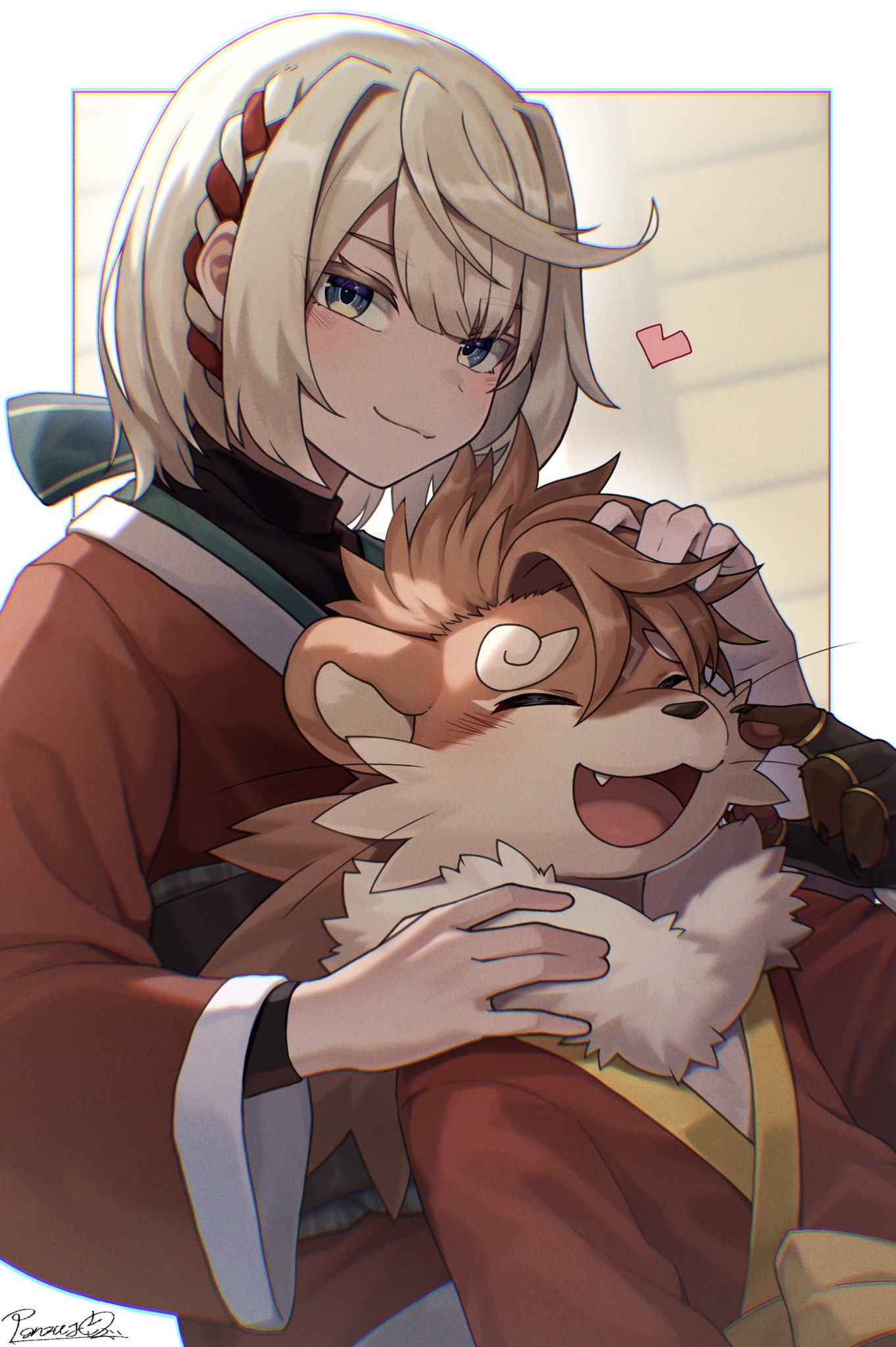 2boys, artist_name, blonde_hair, blush, claws, closed_eyes, closed_mouth, english_commentary