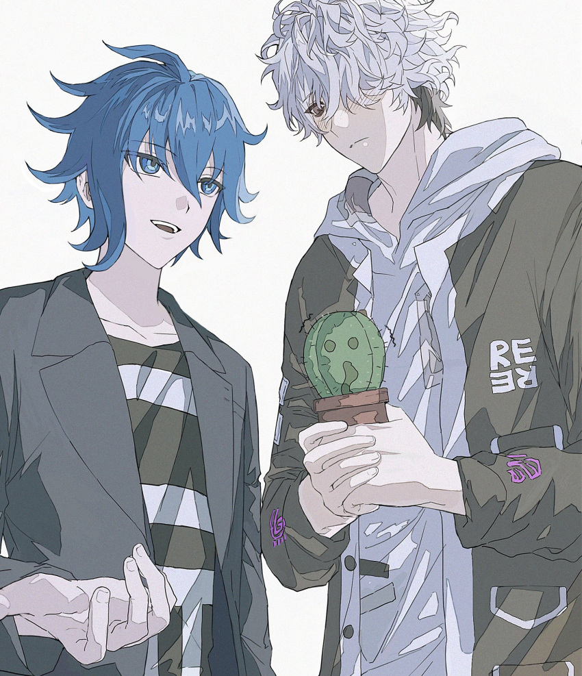 2boys, ahoge, aoyama_kazuki, bags_under_eyes, black_coat, black_hair, black_jacket, black_shirt