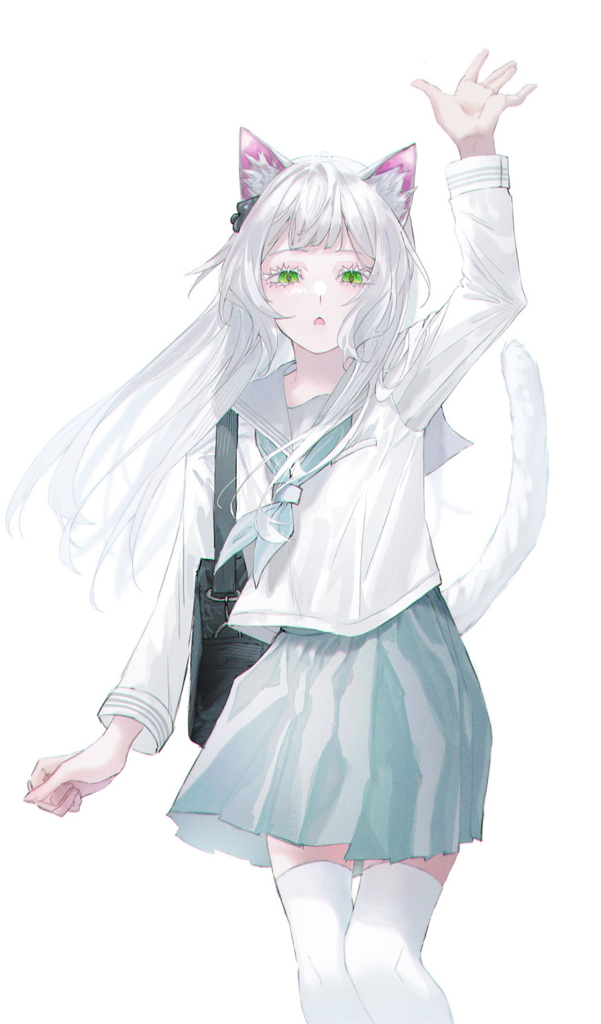1girl, :o, absurdres, animal_ear_fluff, animal_ears, aqua_neckerchief, aqua_sailor_collar, aqua_skirt