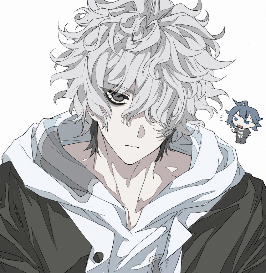 2boys, ahoge, aoyama_kazuki, bags_under_eyes, black_jacket, blue_eyes, blue_hair, chibi