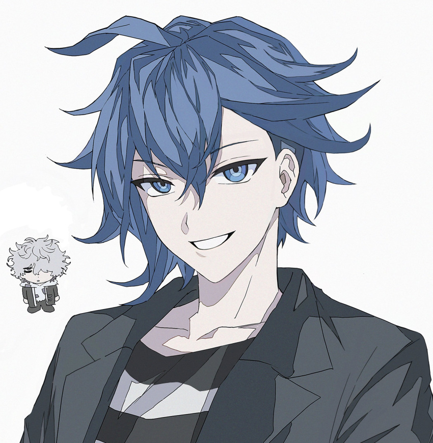 2boys, ahoge, aoyama_kazuki, bags_under_eyes, black_jacket, blue_eyes, blue_hair, chibi