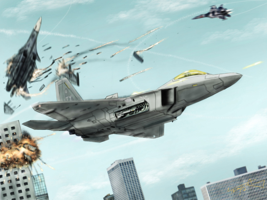 ace_combat, ace_combat_assault_horizon, aerial_battle, airplane, battle, building, city, condensation_trail