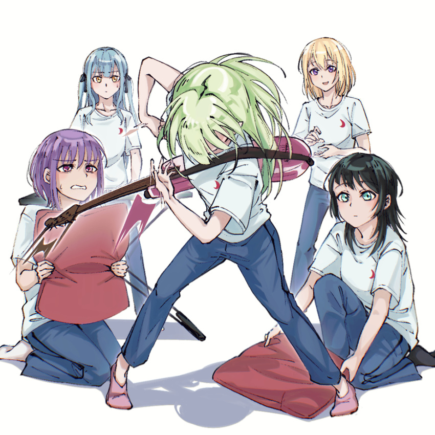 5girls, ave_mujica_(bang_dream!), bang_dream!, bang_dream!_it's_mygo!!!!!, black_hair, black_socks, blonde_hair, blue_hair