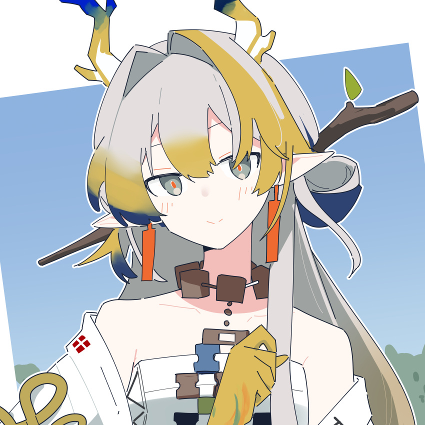 1girl, absurdres, arknights, bare_shoulders, blonde_hair, blue_background, blue_hair, closed_mouth