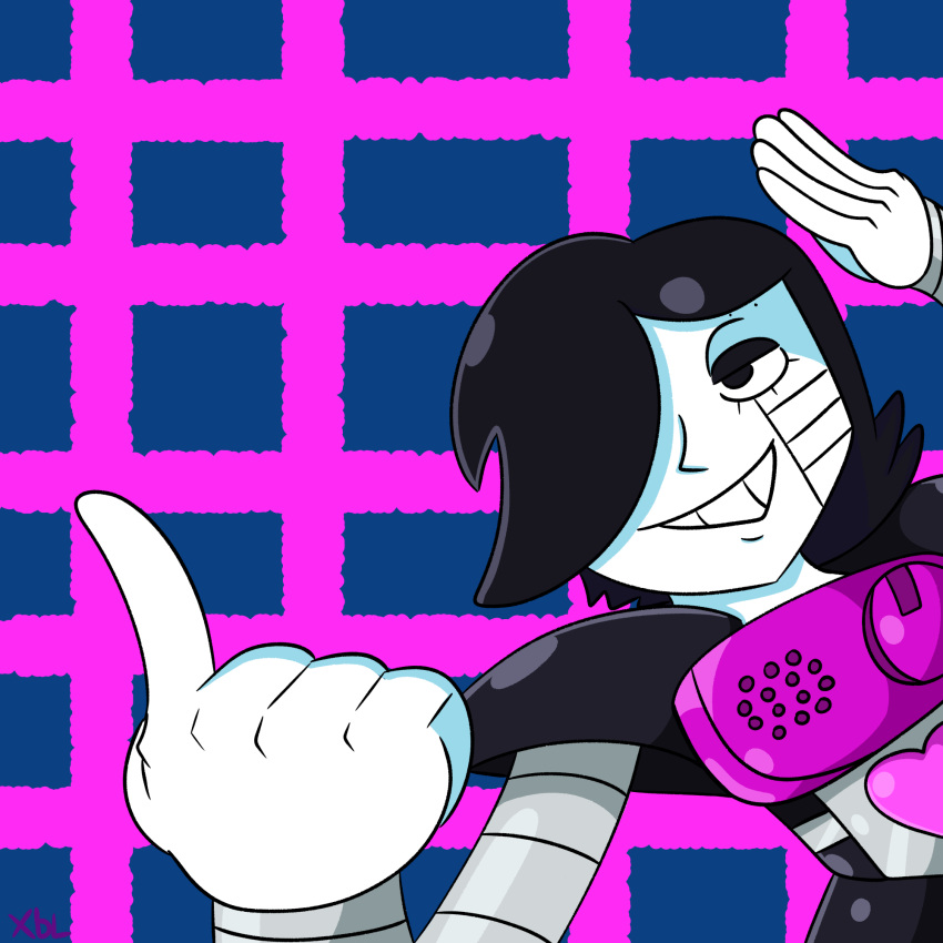 1boy, 2020, 2d, black_hair, blue_background, digital_media, gloves, grid_background, hair_over_one_eye, highres, humanoid, index_finger_raised, male, male_focus, male_only, mettaton, mettaton_ex, pink_background, robot, robot_boy, short_hair, solo, two-tone_background, undertale, upper_body, utdr_(toby_fox), white_gloves, xblproductions