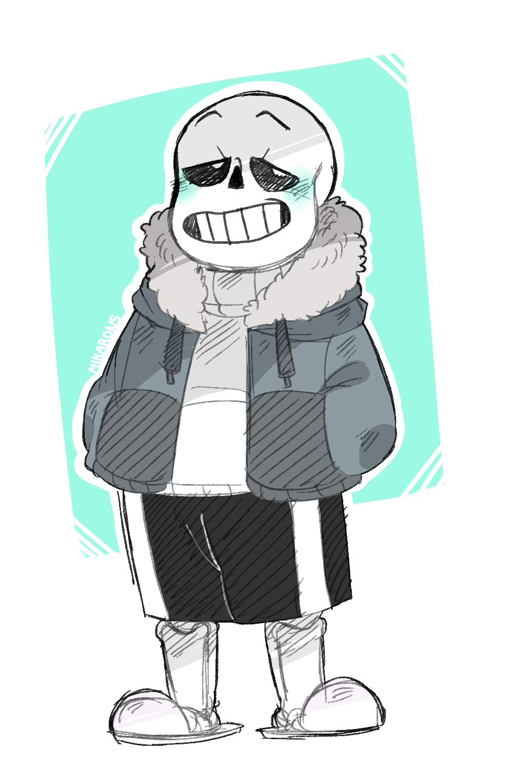 1boy, 2016, 2d, aqua_background, black_shorts, blue_jacket, digital_media, full_body