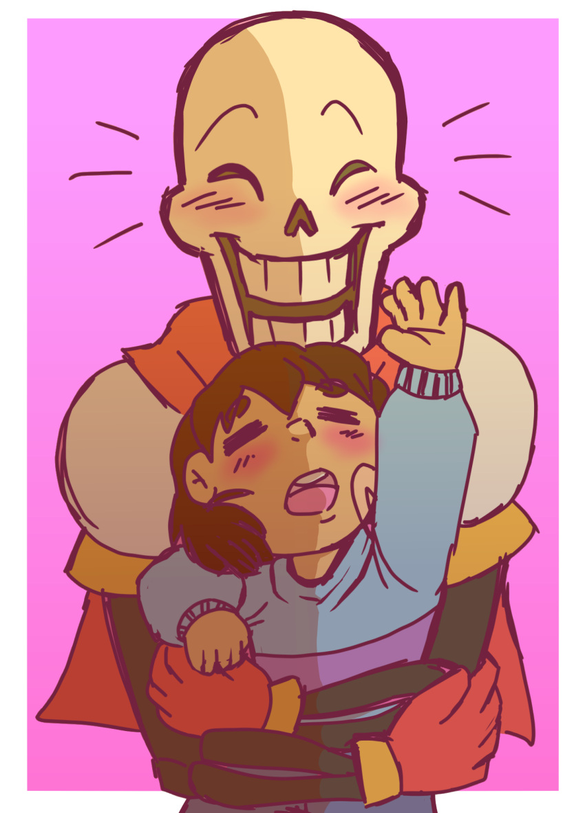 1boy, 1other, 2016, 2d, ambiguous_gender, arm_up, behind_another, blush, border, brown_hair, cape, child, closed_eyes, digital_media, duo, frisk_(undertale), gloves, hair, hand_up, hearttheglaceon, highres, hug_from_behind, human, humanoid, laughing, male, monster, monster_boy, notice_lines, open_mouth, outside_border, papyrus_(undertale), pink_background, red_cape, red_gloves, short_hair, simple_background, skeleton, striped_clothes, striped_shirt, teeth, undead, undertale, upper_body, utdr_(toby_fox), white_border