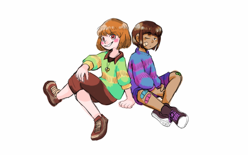 2016, 2d, 2others, ambiguous_gender, bandaid, bandaid_on_face, bandaid_on_knee, blue_shirt