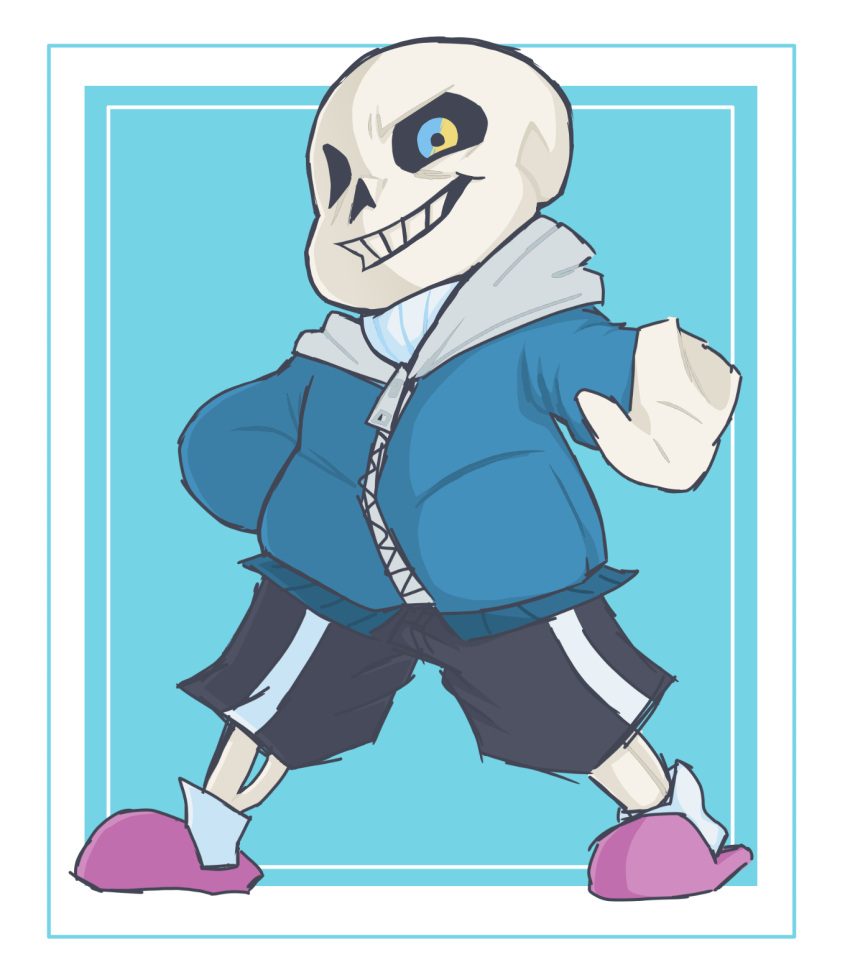 1boy, 2017, 2d, black_shorts, blue_background, blue_jacket, border, digital_media