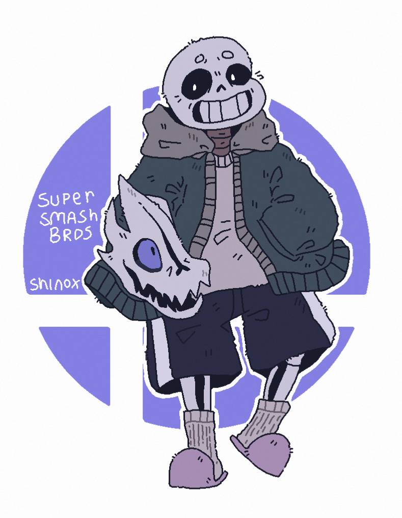 1boy, 2019, 2d, arm_cannon, artist_name, black_shorts, blue_jacket, copyright_logo, copyright_name, digital_media, gasterblaster, hand_in_pocket, hood, hood_down, hooded_jacket, humanoid, jacket, male, male_focus, male_only, monster, monster_boy, open_jacket, pink_slippers, qwemalyeh-shinox, sans_(undertale), shirt, shorts, skeleton, skull, slippers, socks, solo, striped_shorts, super_smash_bros., teeth, undead, undertale, white_background, white_shirt, white_stripes