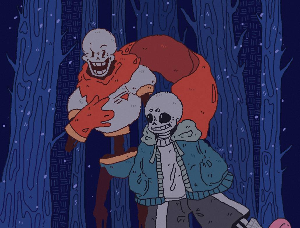 2019, 2boys, 2d, armor, artist_name, black_shorts, blue_jacket, blue_shorts, cape, digital_media, duo, forest, gloves, hand_on_own_chest, hands_in_pockets, height_difference, hood, hood_down, hooded_jacket, humanoid, jacket, male, male_focus, male_only, monster, monster_boy, multiple_boys, open_jacket, papyrus_(undertale), pink_slippers, qwemalyeh-shinox, red_cape, red_gloves, sans_(undertale), shirt, shorts, skeleton, slippers, striped_shorts, teeth, tree, undead, undertale, white_armor, white_shirt, white_stripes