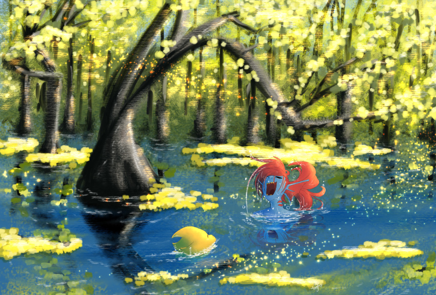 2023, 2d, 2girls, alphys, anthro, black_eyepatch, blue_skin, colored_sclera, day, digital_media, duo, ear_fins, eyepatch, female, fins, fish, fish_girl, forest, head_fins, high_ponytail, highres, large_filesize, lizard, lizard_girl, long_hair, monster, monster_girl, multiple_girls, nature, naxlevelnat, outdoors, partially_submerged, ponytail, red_hair, reptile, reptile_girl, scalie, sharp_teeth, slit_pupils, swamp, tree, undertale, undyne, utdr_(toby_fox), water, yellow_sclera, yellow_teeth