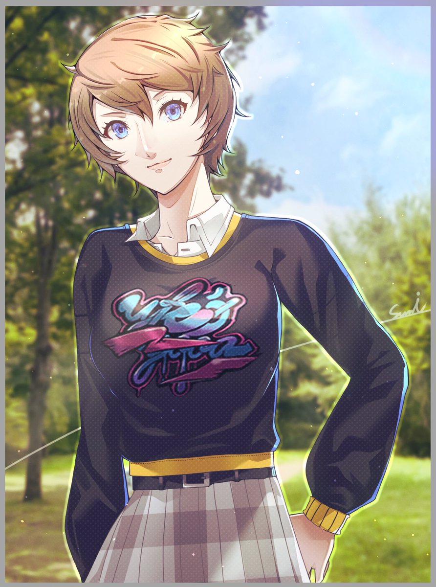 1girl, arai_motoha, belt, black_belt, black_shirt, blue_eyes, blue_sky, corner50777313, grass, grey_skirt, hand_on_own_hip, highres, long_sleeves, looking_at_viewer, mixed-language_commentary, outdoors, persona, persona_5, persona_5:_the_phantom_x, plaid_clothes, plaid_skirt, shirt, short_hair, skirt, sky, smile, solo, tomboy, tree