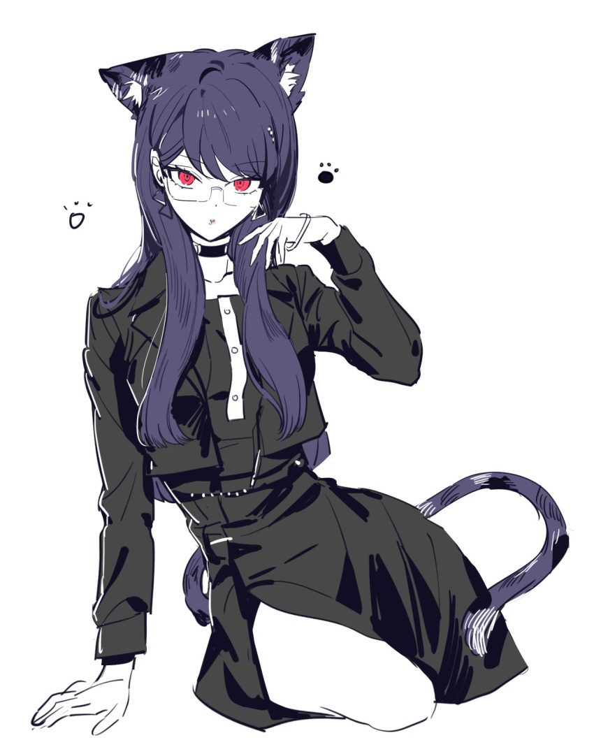 1girl, :o, animal_ear_fluff, animal_ears, black_choker, black_dress, black_jacket, cat_ears, cat_tail, choker, dress, glasses, highres, jacket, kemonomimi_mode, long_sleeves, looking_at_viewer, open_clothes, open_jacket, palme310, purple_hair, red_eyes, shizuhara_hiruko, simple_background, sitting, solo, tail, the_hundred_line_-last_defense_academy-, white_background