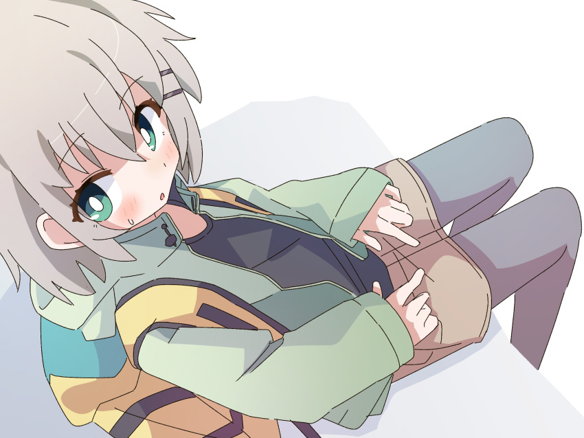 1girl, backpack, bag, black_shirt, blush, bright_pupils, brown_shorts, commentary, dutch_angle, ferumon, green_eyes, green_jacket, grey_hair, grey_leggings, hair_ornament, hairclip, hashtag-only_commentary, highres, hood, hood_down, jacket, leggings, looking_at_viewer, open_clothes, open_jacket, shirt, shorts, sitting, solo, sweatdrop, symbol-only_commentary, white_pupils, yama_no_susume, yukimura_aoi