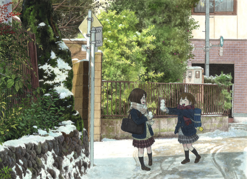 2girls, bag, black_hair, black_socks, blue_jacket, brown_hair, building, closed_eyes