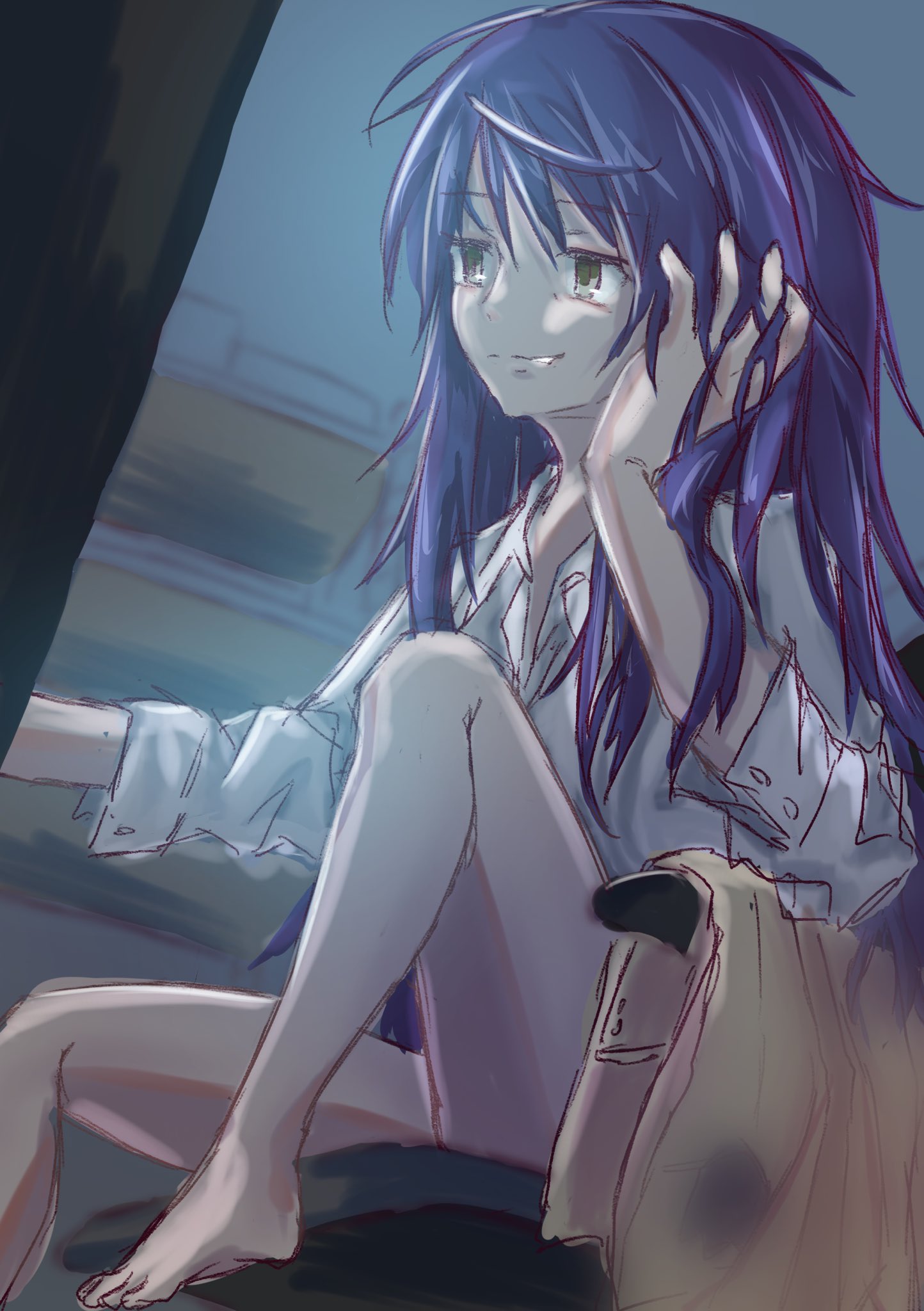 1girl, barefoot, blue_hair, bottomless, chaos;head, cheren_r, collared_shirt, feet, genderswap, genderswap_(mtf), hand_on_own_face, highres, jacket, knee_up, long_hair, messy_hair, monitor, nishijou_takumi, open_collar, partially_unbuttoned, purple_hair, school_uniform, screen, shirt, sitting, suimei_academy, suimei_school_uniform, thighs, toes, unbuttoned, unbuttoned_shirt, unbuttoned_sleeves, unworn_jacket, yellow_eyes