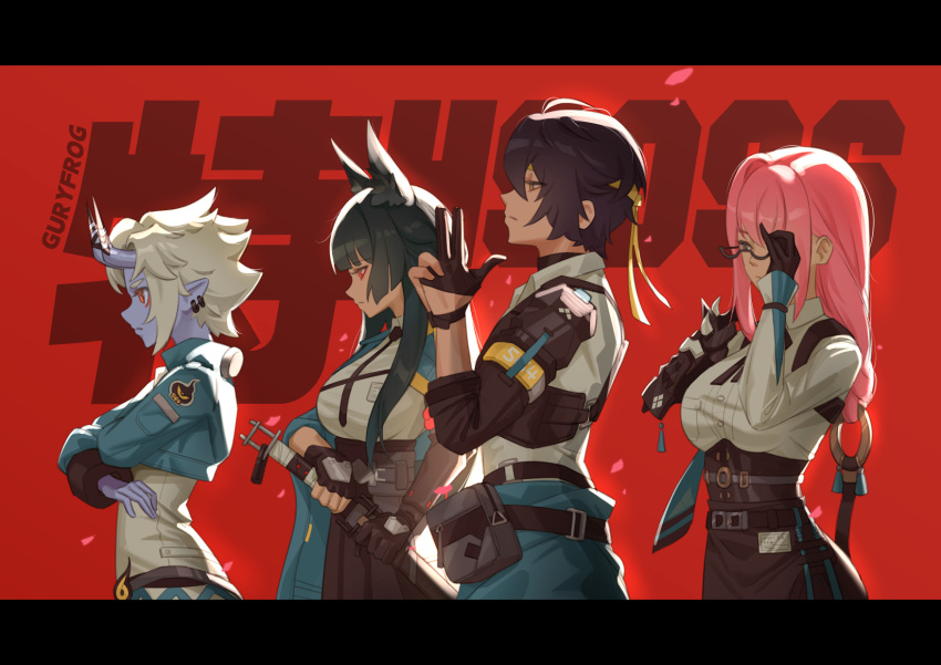1boy, 3girls, animal_ear_fluff, animal_ears, aqua_jacket, arm_out_of_sleeve, armband, armor, artist_name, asaba_harumasa, black_gloves, black_necktie, black_skirt, blue_horns, blue_oni, blue_skin, blunt_bangs, clothes_around_waist, collared_shirt, colored_skin, cropped_jacket, dress_shirt, earrings, fighting_stance, fingerless_gloves, fox_ears, fox_girl, gauntlets, glasses, gloves, guryfrog, hair_between_horns, half_gloves, headband, high-waist_skirt, highres, holding, holding_sheath, holding_sword, holding_weapon, horns, hoshimi_miyabi, jacket, jacket_around_waist, jewelry, katana, letterboxed, long_sleeves, multicolored_horns, multiple_girls, neck_ribbon, necktie, oni, own_hands_together, pencil_skirt, pink_eyes, pink_hair, pleated_skirt, ready_to_draw, red_background, red_eyes, ribbon, ring_hair_ornament, sheath, shirt, shoulder_armor, single_fingerless_glove, single_gauntlet, single_half_glove, skin-covered_horns, skirt, soukaku_(zenless_zone_zero), sword, tsukishiro_yanagi, two-tone_horns, weapon, white_shirt, yellow_armband, yellow_eyes, yellow_gloves, yellow_headband, zenless_zone_zero