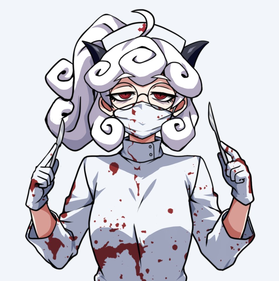 1girl, alternate_costume, black_horns, blood, blood_on_clothes, blood_on_gloves, blood_on_mask, breasts