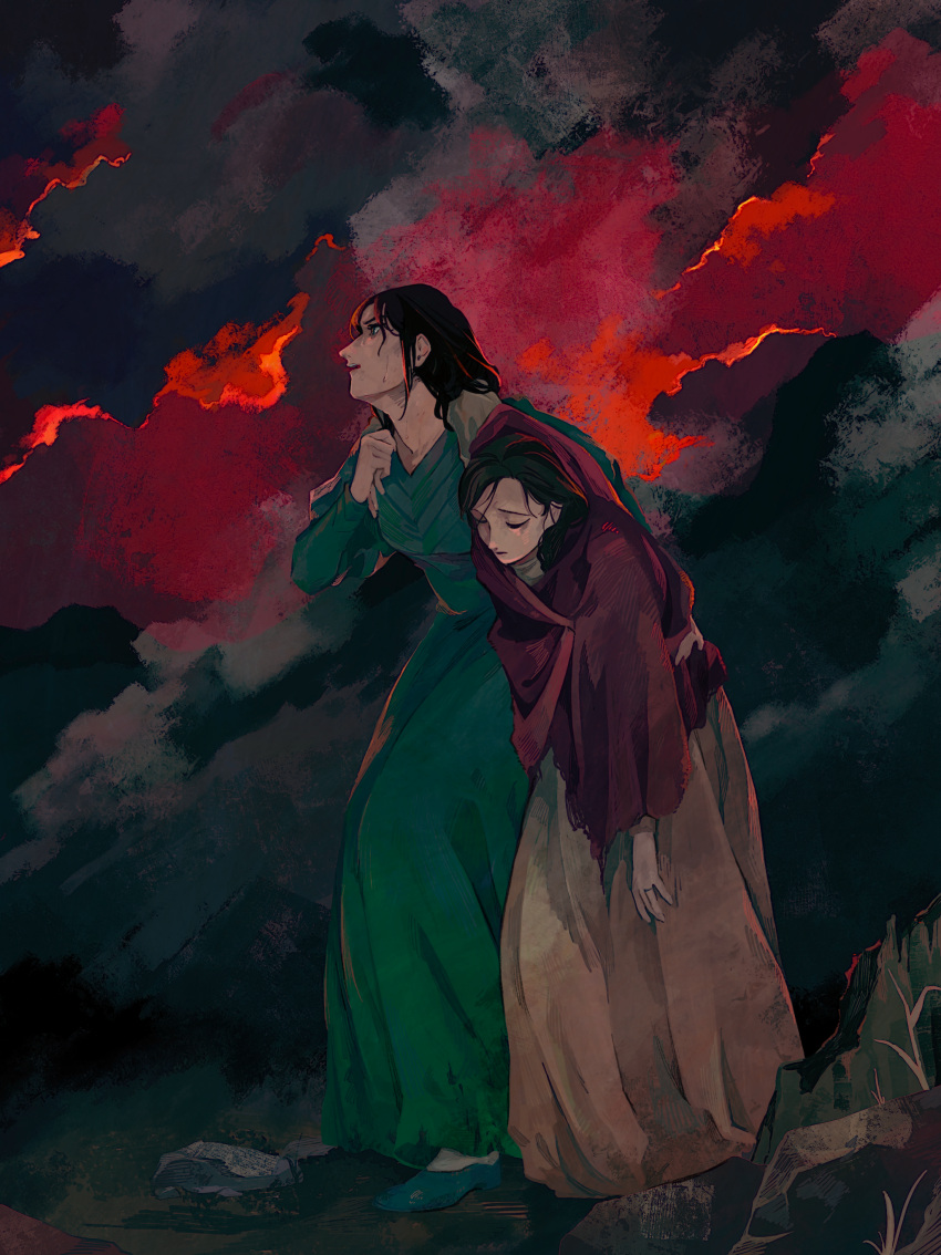 2girls, absurdres, black_hair, closed_eyes, closed_mouth, dress, fire, gone_with_the_wind