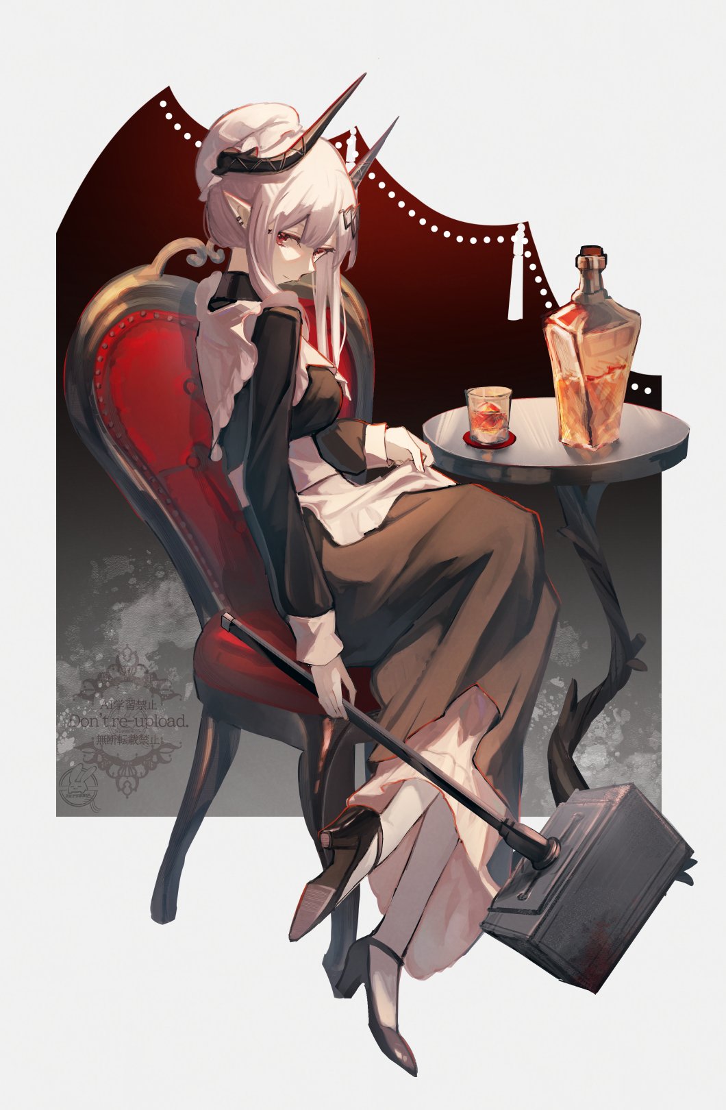1girl, alternate_costume, apron, arknights, black_dress, black_horns, black_shoes, breasts