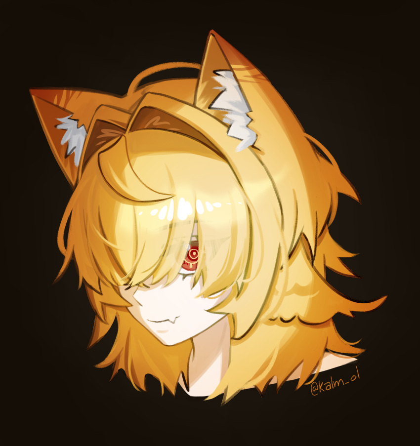 1girl, animal_ears, black_background, cat_ears, closed_mouth, cropped_shoulders, dokibird_(vtuber), hair_over_one_eye, highres, indie_virtual_youtuber, kalm_ol, looking_at_viewer, medium_hair, portrait, red_eyes, signature, simple_background, smile, solo, virtual_youtuber