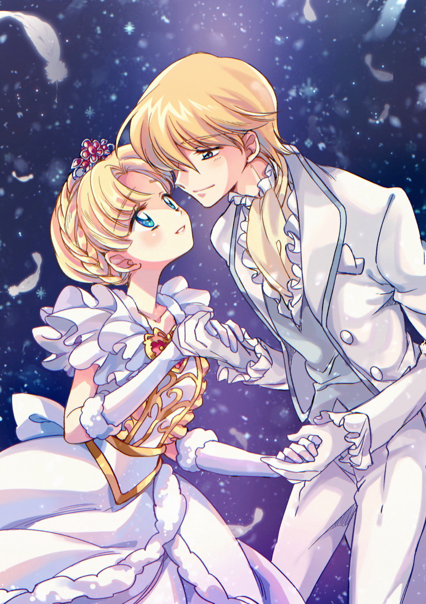 1boy, 1girl, ashita_no_nadja, blonde_hair, blue_eyes, braid, commentary, dress, elbow_gloves, feathers, francis_harcourt, frills, gloves, highres, holding_hands, jacket, leaning_forward, long_sleeves, looking_at_another, nadja_applefield, open_clothes, open_jacket, pants, parted_lips, short_hair, short_sleeves, smile, standing, suzuki_(2red_moon3), symbol-only_commentary, tiara, white_dress, white_gloves, white_jacket, white_pants