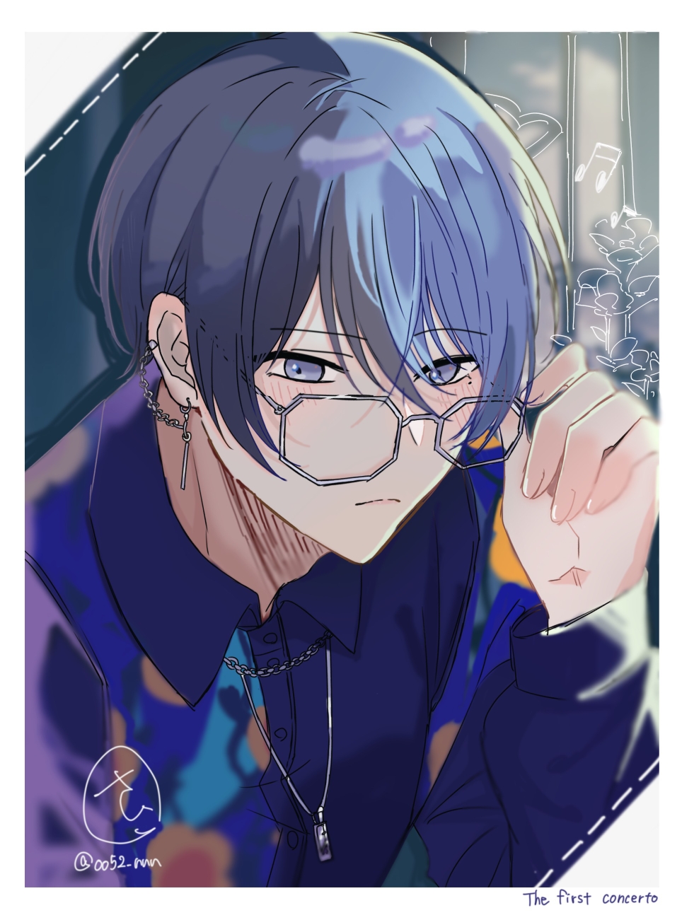 1boy, adjusting_eyewear, aoyagi_touya, artist_name, beamed_eighth_notes, bespectacled, black_hair, blue_eyes