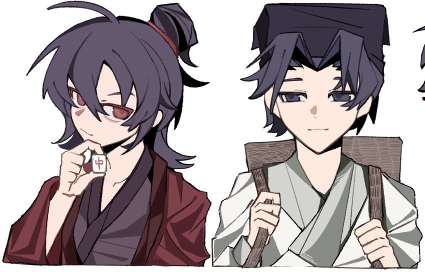 2boys, aged_down, ahoge, asansama, backpack, bag, black_eyes, black_hair