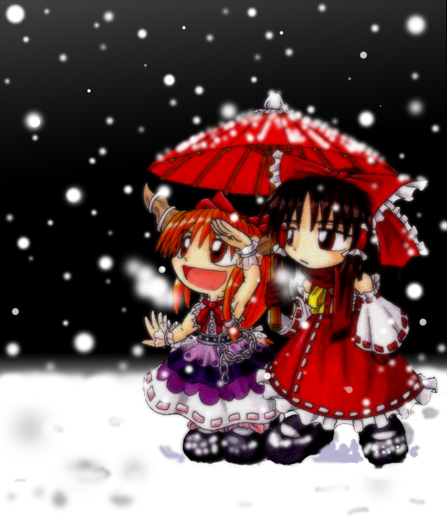2girls, ascot, black_background, bow, breath, brown_horns, chain, chibi