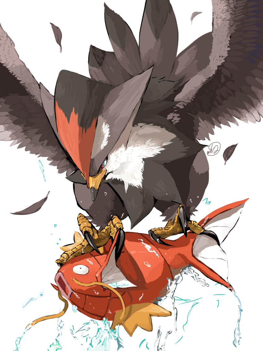 animal_focus, bird, brown_feathers, carrying, closed_mouth, commentary_request, feathers, fish