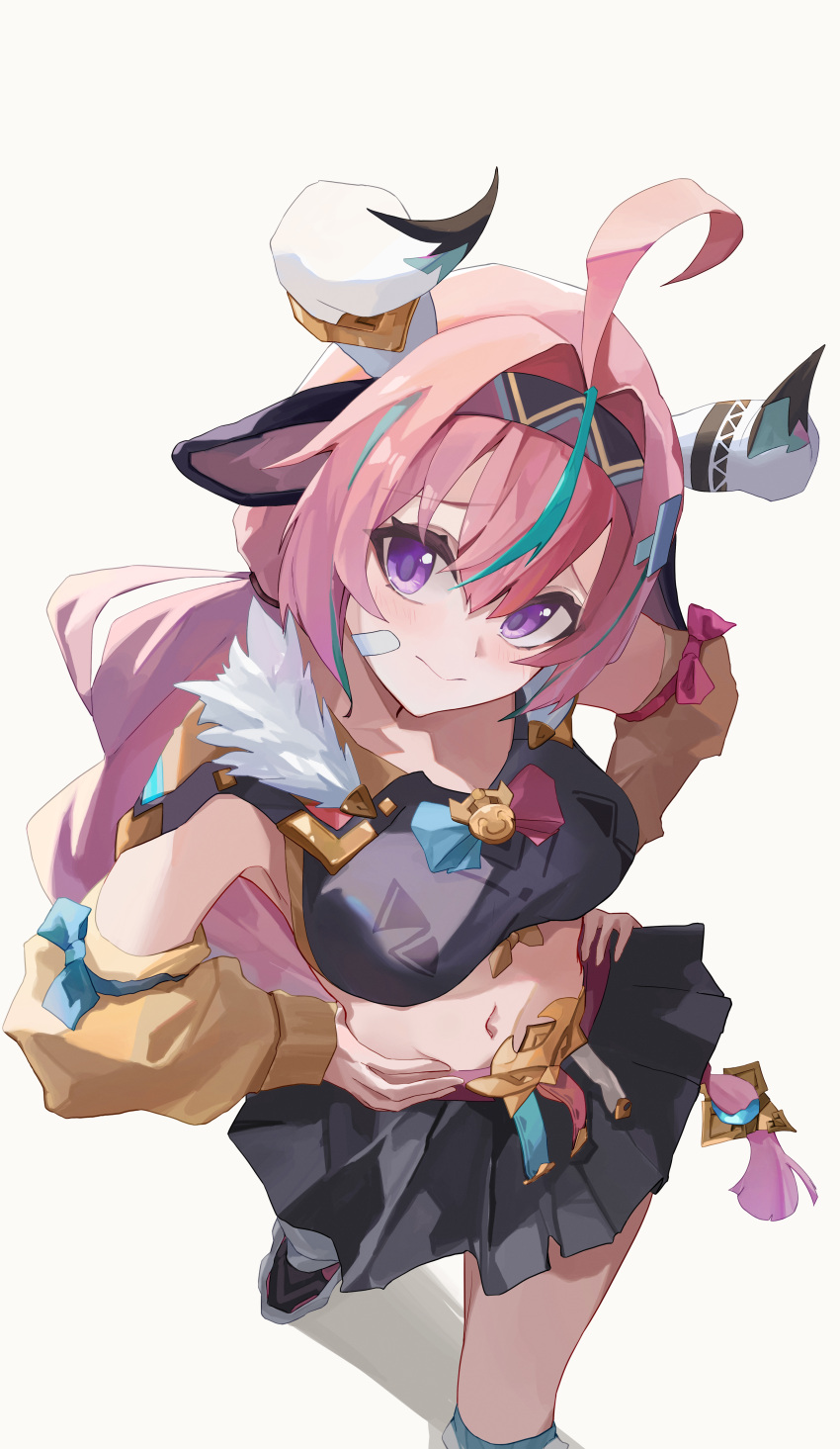1569847238, 1girl, absurdres, animal_ears, black_tank_top, braid, breasts, closed_mouth, commentary_request, cow_ears, cow_girl, from_above, genshin_impact, highres, medium_breasts, navel, pink_hair, simple_background, solo, tank_top, twin_braids, varesa_(genshin_impact), violet_eyes, white_background