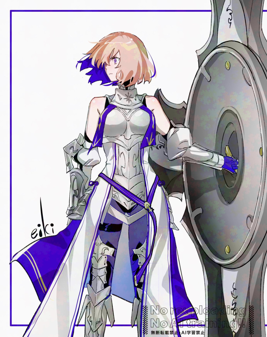 1girl, armor, armored_boots, armored_gloves, blue_border, boobplate, boots, border